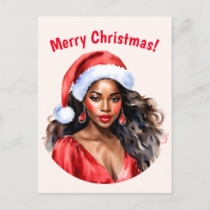 Merry Christmas Black Woman Santa Hat Postcard