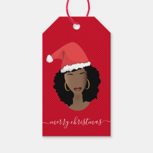 Merry Christmas, Black Woman, Santa Hat, Red Gift Tags