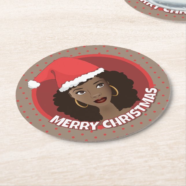 Merry Christmas, Black Woman Santa Hat Round Paper Coaster (Angled)