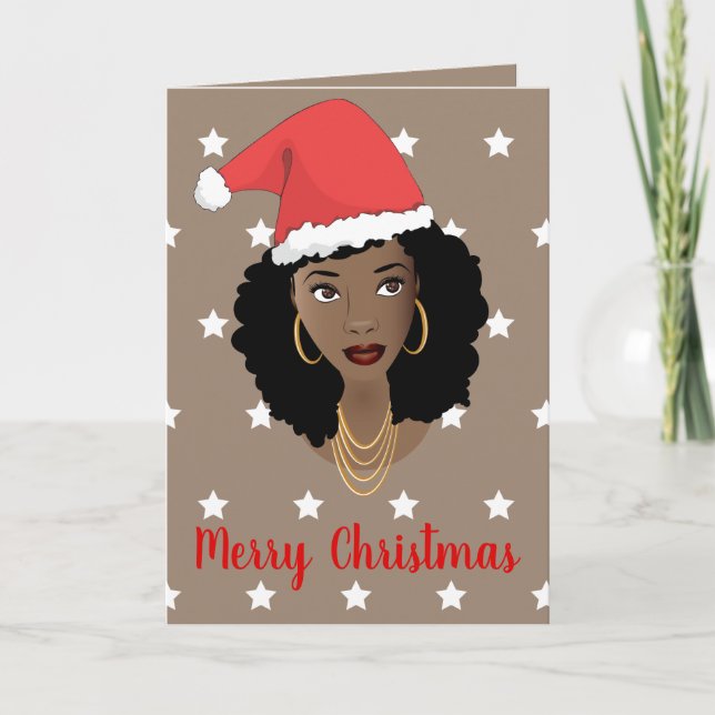 Merry Christmas! Black Woman Santa Hat White Stars Card (Front)