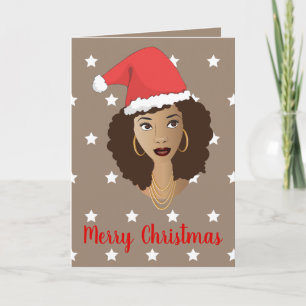 Merry Christmas! Black Woman Santa Hat White Stars Card