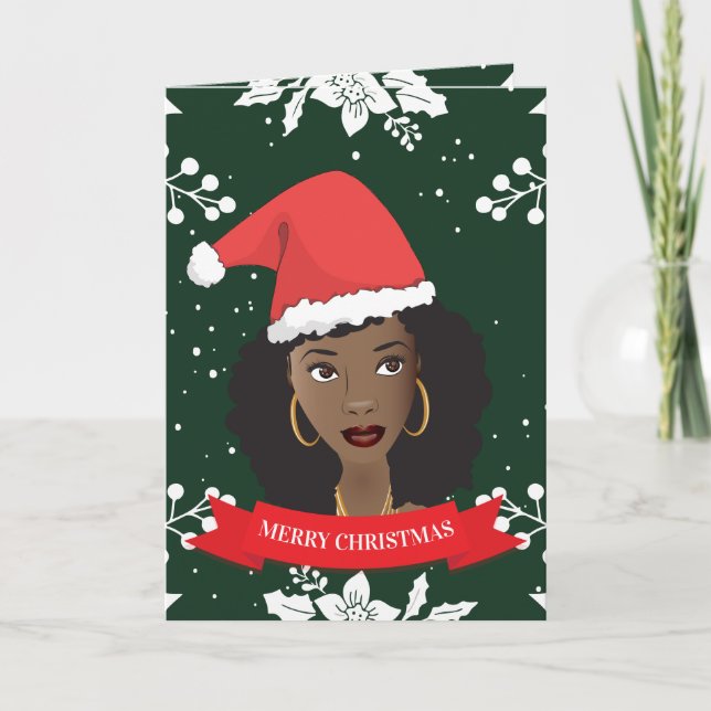 Merry Christmas, Black Woman w/Santa Hat, Green Holiday Card (Front)