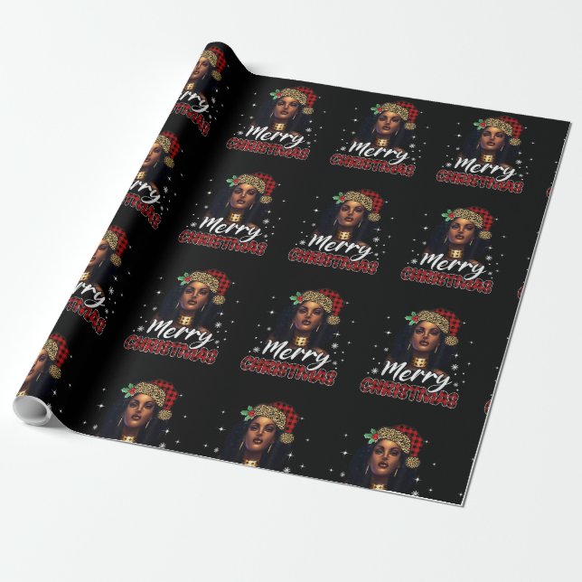 Merry Christmas Black Women African Santa Hat Leop Wrapping Paper (Unrolled)