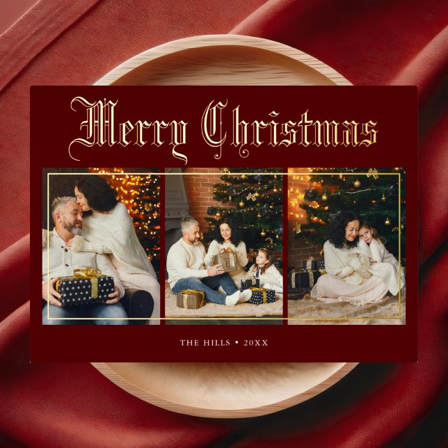 Merry Christmas Blackletter Photo Red Foil Holiday Card (Creator Uploaded)