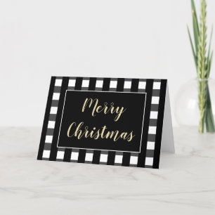 Merry Christmas Blank Black White Buffalo Plaid Holiday Card