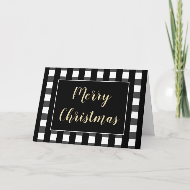 Merry Christmas Blank Black White Buffalo Plaid Holiday Card (Front)