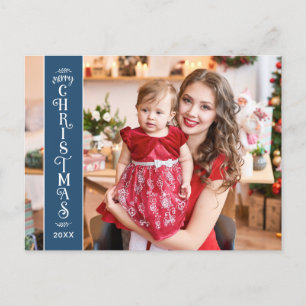 Merry Christmas blue 2 photos family Holiday Postcard