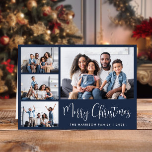 Merry Christmas Blue 4 Photo Holiday Card