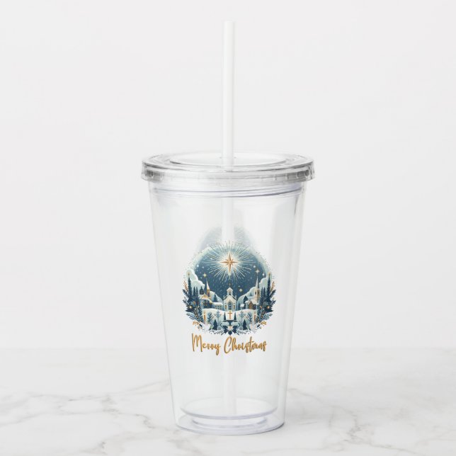 Merry Christmas blue and gold  Acrylic Tumbler (Front)