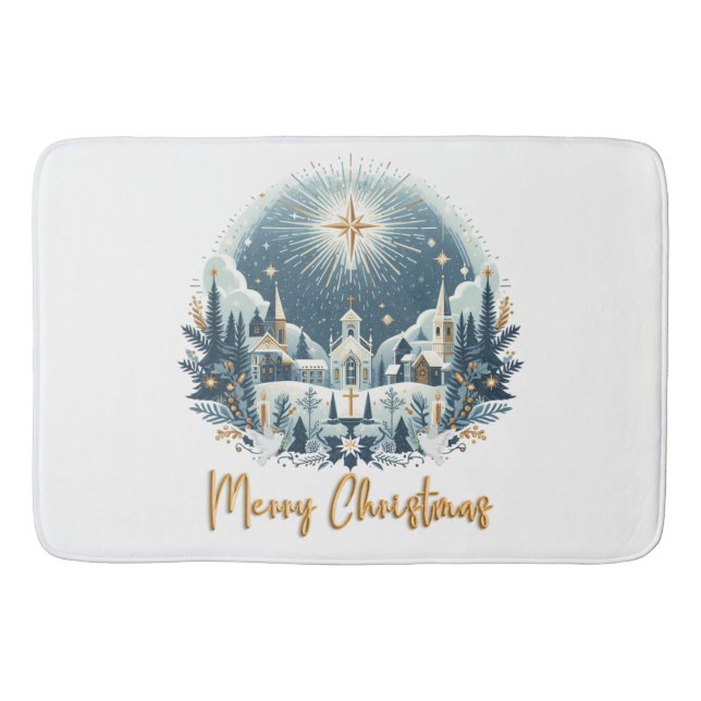 Merry Christmas blue and gold  Bath Mat (Front)