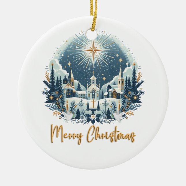Merry Christmas blue and gold  Ceramic Tree Decoration (Front)