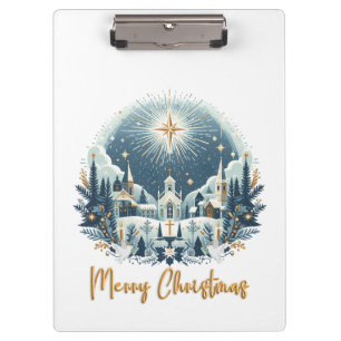 Merry Christmas blue and gold Clipboard