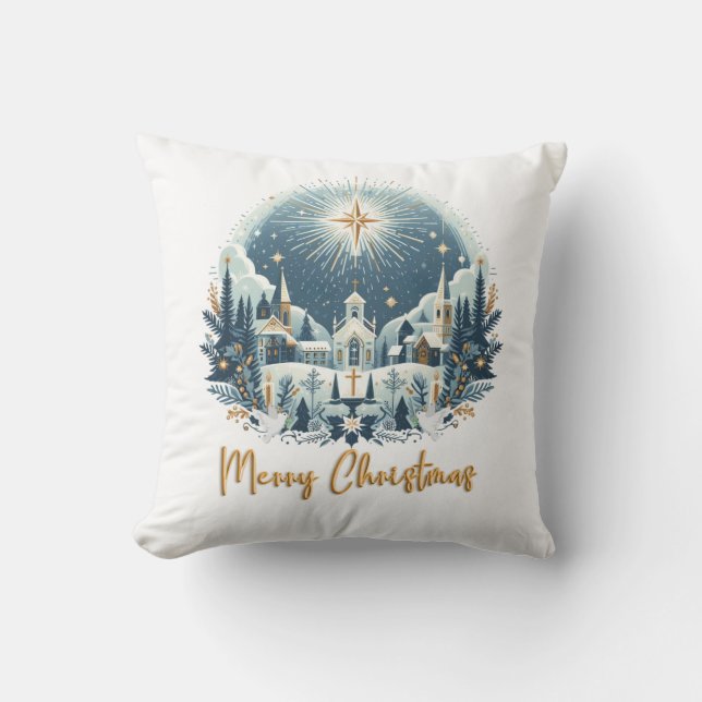 Merry Christmas blue and gold  Cushion (Front)