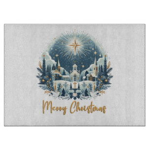 Merry Christmas blue and gold  Cutting Board