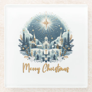 Merry Christmas blue and gold Glass Coaster