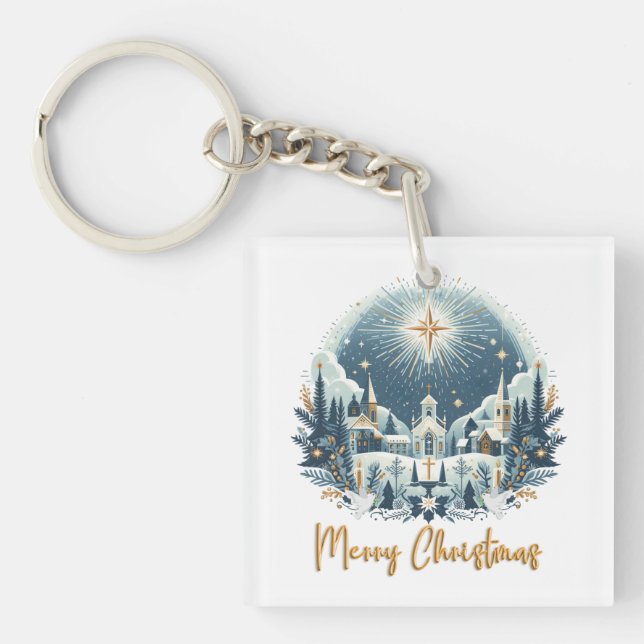 Merry Christmas blue and gold  Key Ring (Front)