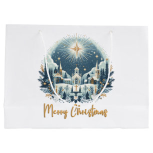 Merry Christmas blue and gold  Large Gift Bag