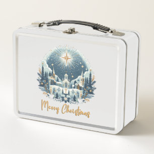 Merry Christmas blue and gold  Metal Lunch Box
