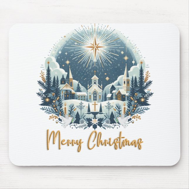 Merry Christmas blue and gold  Mouse Mat (Front)