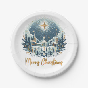 Merry Christmas blue and gold  Paper Plate