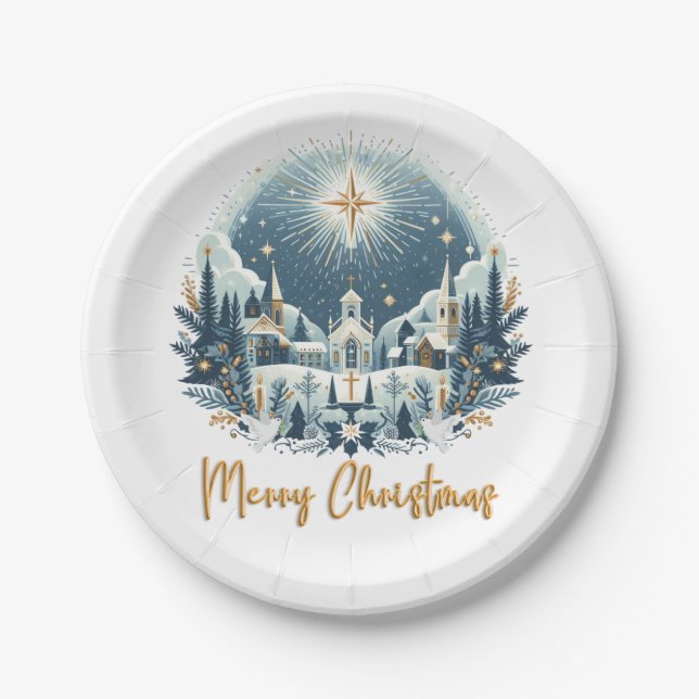 Merry Christmas blue and gold  Paper Plate (Front)