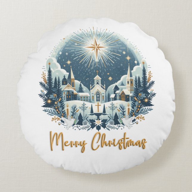 Merry Christmas blue and gold  Round Cushion (Front)