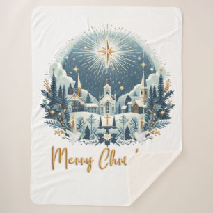 Merry Christmas blue and gold Sherpa Blanket