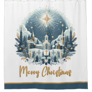 Merry Christmas blue and gold  Shower Curtain