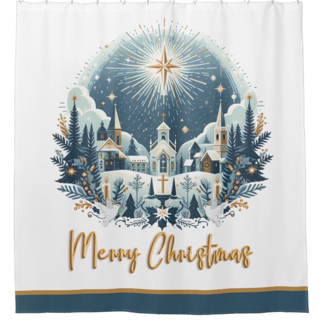 Merry Christmas blue and gold  Shower Curtain (Front)