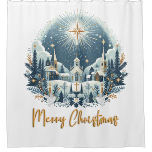 Merry Christmas blue and gold  Shower Curtain