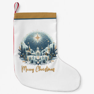 Merry Christmas blue and gold Small Christmas Stocking