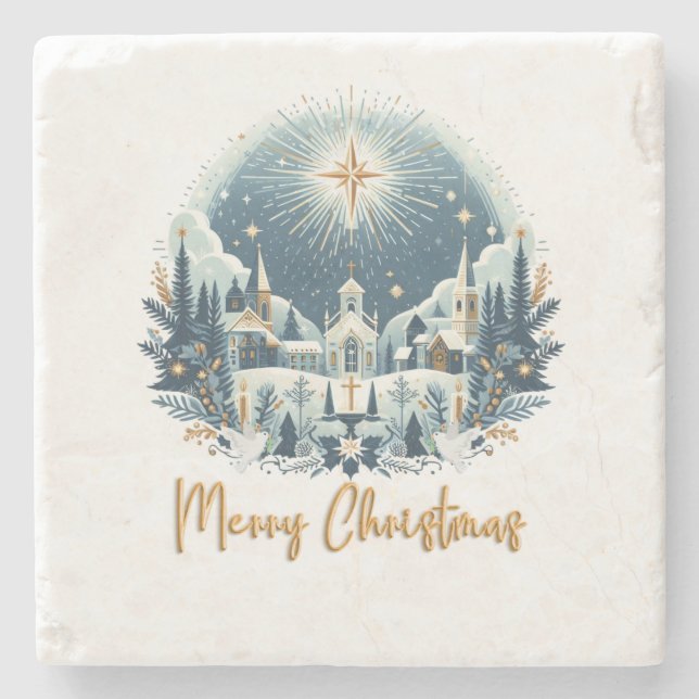 Merry Christmas blue and gold  Stone Coaster (Front)