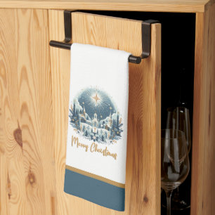 Merry Christmas blue and gold Tea Towel