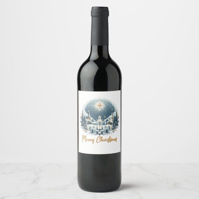 Merry Christmas blue and gold  Wine Label (Front)