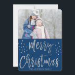 Merry Christmas Blue and Silver Foil Stars Photo Holiday Card<br><div class="desc">Merry Christmas Blue and Silver Foil Stars Photo Card. The picture and family name can be replaced on the blue and silver Merry Christmas Card.</div>