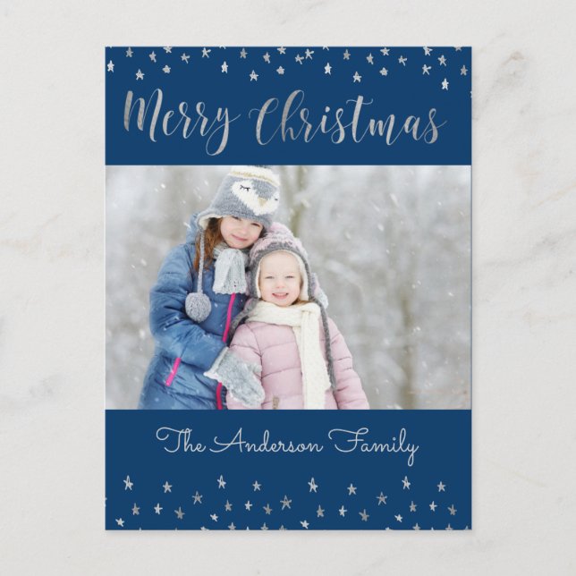 Merry Christmas Blue and Silver Foil Stars Photo Holiday Postcard (Front)