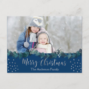 Merry Christmas Blue and Silver Foil Stars Photo Holiday Postcard