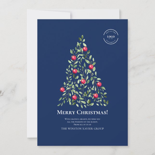 Merry Christmas Blue and Watercolor Tree logo  Holiday Card (Front)