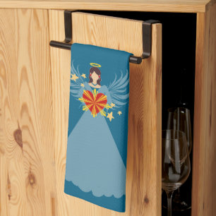 Merry Christmas Blue Angel Stars Red Heart Holiday Tea Towel