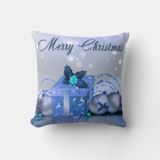 Merry Christmas Blue Baubles Cushion (Front)