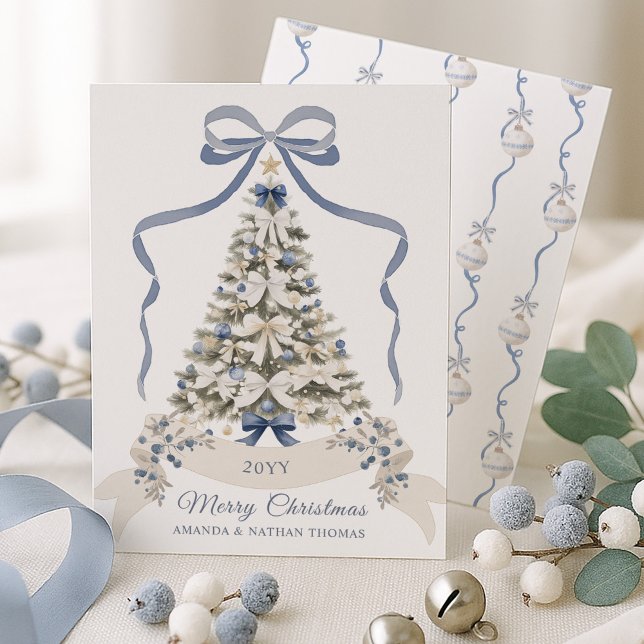Merry Christmas Blue Bow Holiday Card (Creator Uploaded)