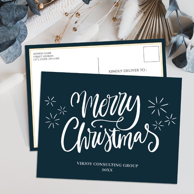 Merry Christmas Blue Calligraphy Business Modern Holiday Postcard (Creator Uploaded)