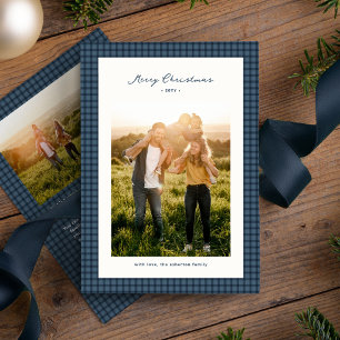 Merry Christmas blue checked frame two photo Holiday Card