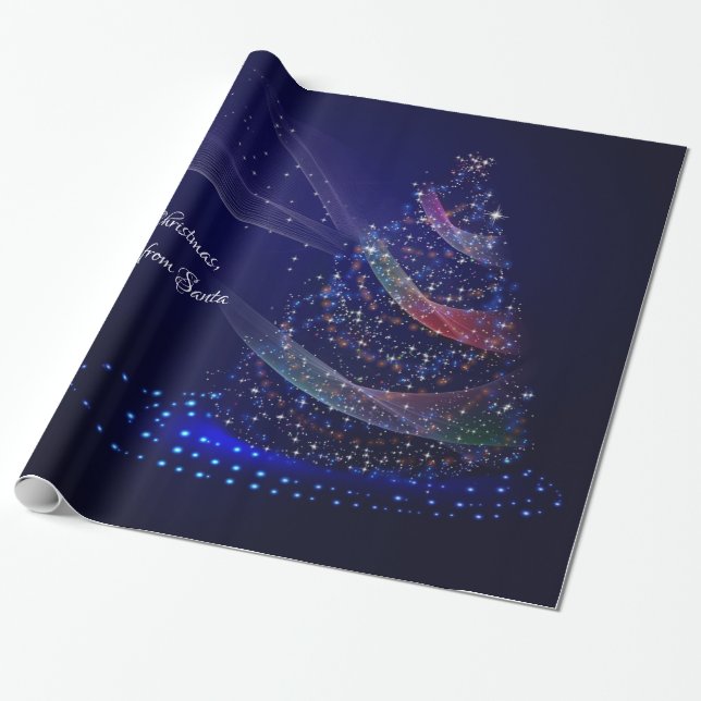 Merry Christmas Blue Christmas Tree Colourful Star Wrapping Paper (Unrolled)