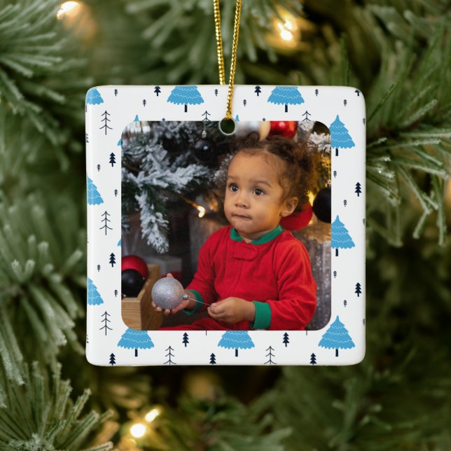 Merry Christmas Blue Christmas Tree Personalised Ceramic Ornament (Tree)