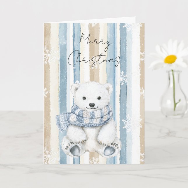Merry Christmas Blue Cream Snowflakes Stripes Bear Card (Small Plant)