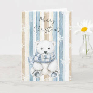 Merry Christmas Blue Cream Snowflakes Stripes Bear Card