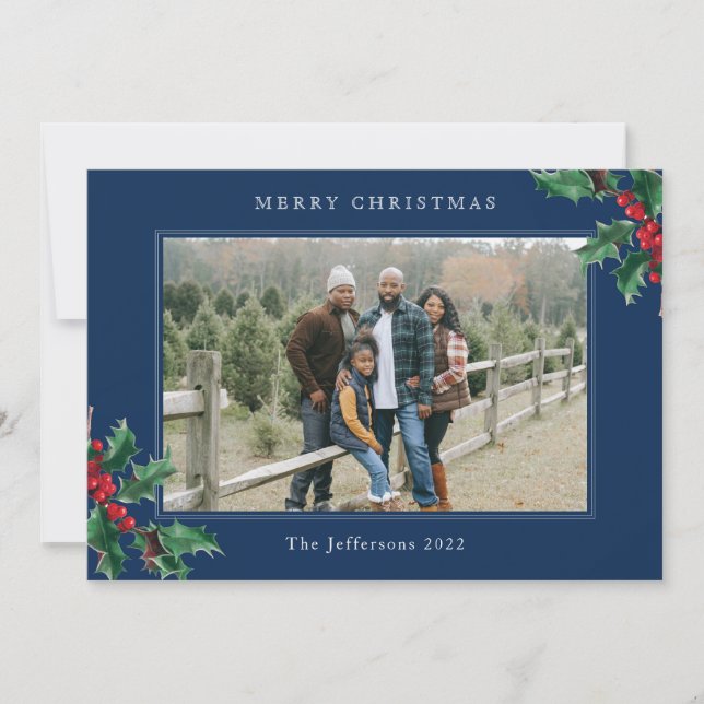 Merry Christmas Blue Custom Holly Berries Card (Front)