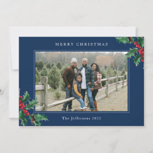 Merry Christmas Blue Custom Holly Berries Card