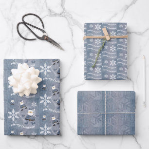 Merry Christmas Blue Denim Jeans Pattern Wrapping Paper Sheet